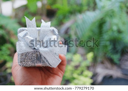 Hand holding gift box on green nature background using on holiday and Christmas time and New Year concept.Copy Space