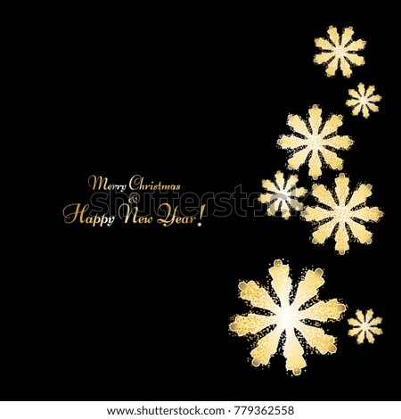 Golden snowflakes on a black background. Merry Christmas and Happy New Year!