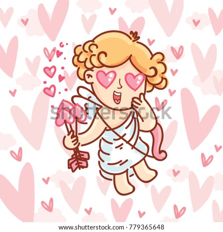 Cute Cupid baby angel character with wings, bow and arrow on hearts background. Pink romantic hand drawn love illustration art in cartoon, doodle style for Valentine Day: for print, greeting card