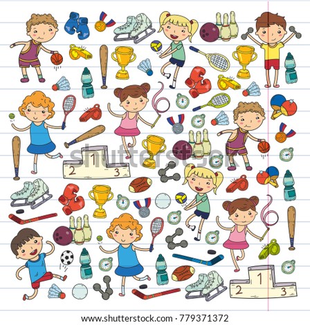 Boys and girls playing sports illustration Fitness, football, soccer, yoga, tennis, basketball, hockey, volleyball