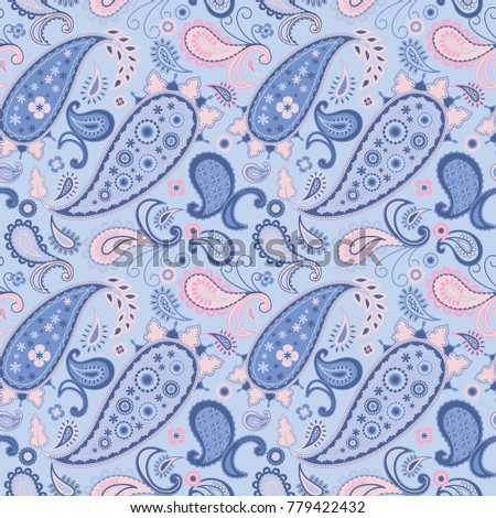 Seamless Pink Floral Paisley Allover Print Pattern / Sky Blue background /Vector Illustration / Global Colors saved with Pattern Swatches