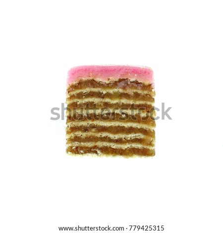 Small piece of meny layers vanilla cake with cream and strawberry frosting. Pink  decoration on the top. White background
