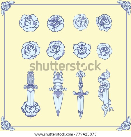 Tattoos in old school style. Vector editable elements. Vintage tattoo different flowers and roses in classic style. ice cream cone with hand, swallows and handshake 