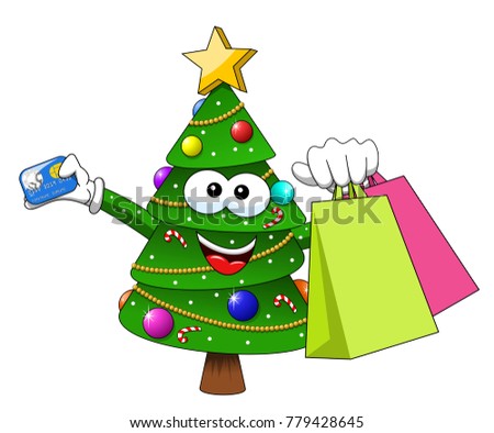 xmas christmas tree mascot character shopping bags sale credit card isolated on white