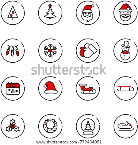line vector icon set - christmas tree vector, santa claus, garland, snowflake, gloves, snowman, calendar, hat, sleigh, holly, wreath, snowball, snowmobile