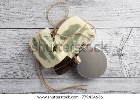 White-green handmade soap photo set on light background