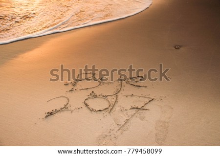 goodbye greeting for 2017 written on the sand before it gone swipe by the wave