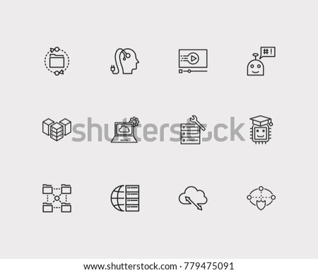 Technology icons set with AI robot, hosting service and cloud computing. Set of technology icons also including database sign for your web app logo UI design.