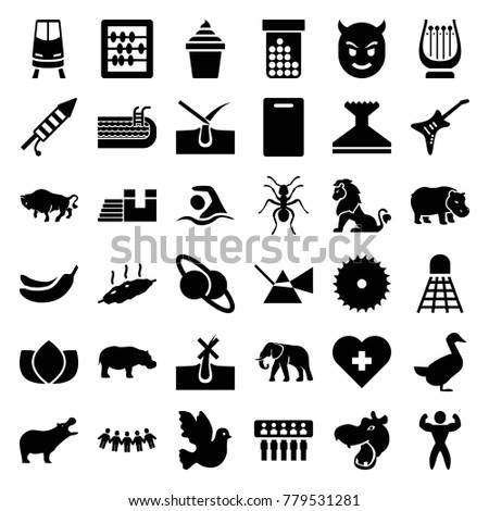 Logo icons. set of 36 editable filled logo icons such as hippopotamus, elephant, buffalo, ant, goose, no hair in skin, shave hair in skin, lotus, banana, cutting board