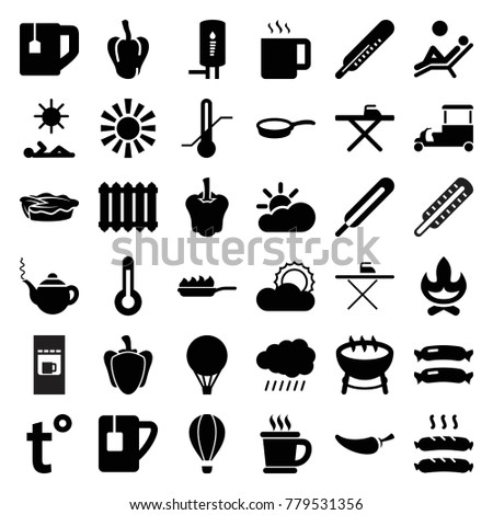 Hot icons. set of 36 editable filled hot icons such as sun, sausage, pepper, thermometer, teapot, ironing table, bonfire, barbecue, tea cup, fast food cart, pie, themometer