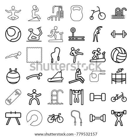Exercise icons. set of 36 editable outline exercise icons such as child bicycle, exercising, barbell, exercise bike, fintess equipment, fit ball, volleyball