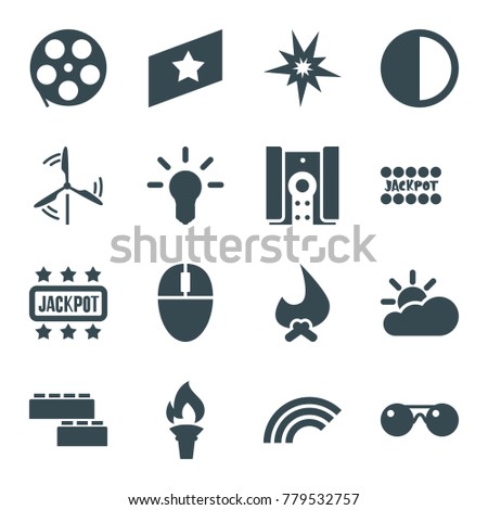 Bright icons. set of 16 editable filled bright icons such as movie tape, bonfire, explode, bulb, mouse, camera, brightness, mill, torch, rainbow, sunglasses, sun cloud, rank