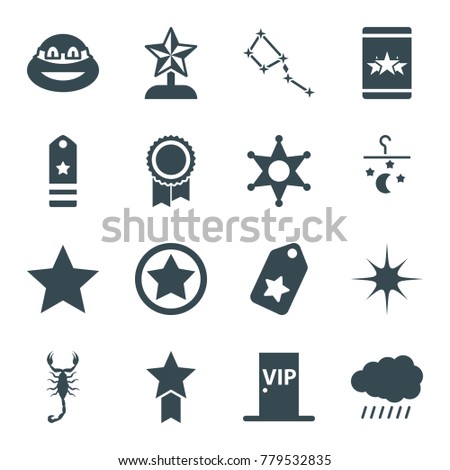 Star icons. set of 16 editable filled star icons such as sun, scorpion, tag, ninja, vip door, sheriff, rank, bed mobile, constellation