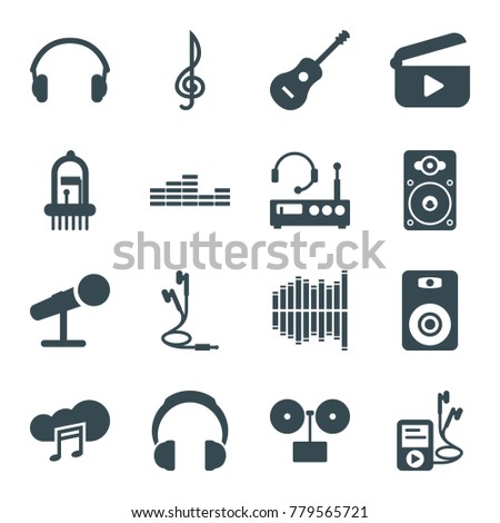 Audio icons. set of 16 editable filled audio icons such as gramophone, loudspeaker, guitar, mp3 player, music cloud, equalizer, earphones, musical instrument, microphone, play