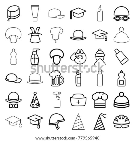 Cap icons. set of 36 editable outline cap icons such as mushroom, hat, cream tube, bottle soap, cleanser, winter hat, soldier emot, helmet, beer mug
