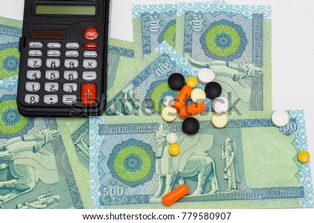 medication and calculator on uncirculated iraqi dinar (IQD) isolated on white