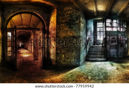 panorama of a hallway in an abandoned complex, hdr processing