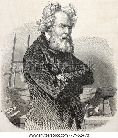 Old engraved portrait of Pierre Louis Frederic Sauvage, French engineer and inventor. Created by Gavarni, published on L'Illustration Journal Universel, Paris, 1857