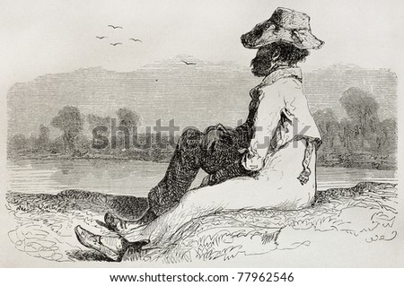 Old illustration of man watching landscape. Created by Riou, published on Le Tour du Monde, Paris, 1864