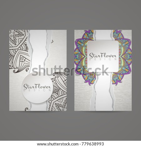 Design collection with mandala symbols. Set of business cards with circle ornament. Vector tribal ethnic decoration