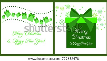A set of Christmas and New Year greeting cards. New Year, gift box in green tones, greeting card. Vector illustration.