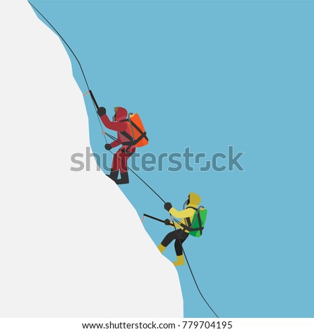 climbers with oxygen backpacks climbing to summit of mountain in winter season, cartoon vector