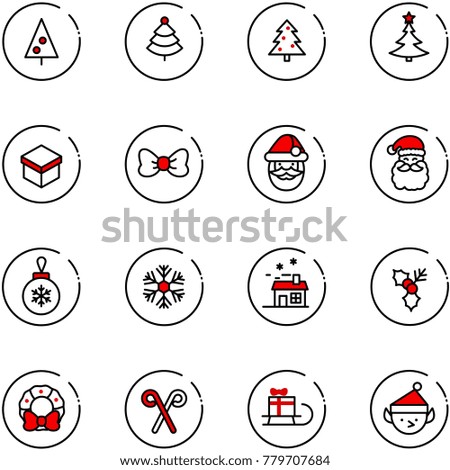 line vector icon set - christmas tree vector, gift, bow, santa claus, ball, snowflake, house, holly, wreath, stick, sleigh, elf