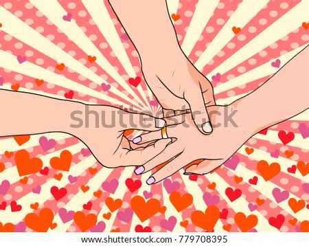 The bride and groom put on rings pop art. Background picture on the theme of love and Valentines Day. The symbol of love soars to the top