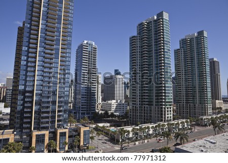 Modern apartment towers transform the skyline of scenic San Diego California.