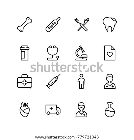 Dental icon set. Collection of vector symbols on white background for web design. Black outline sings for mobile application. 
