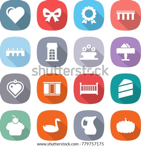 flat vector icon set - heart vector, bow, medal, bridge, building, flower bed, restaurant, pendant, wardrobe, crib, cake, cupcake, goose, jug, pumpkin