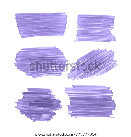 Set of Brush strokes with texture. Hand drawn painting. Isolated on white backgrund. Ultra Violet is color of the year 2018