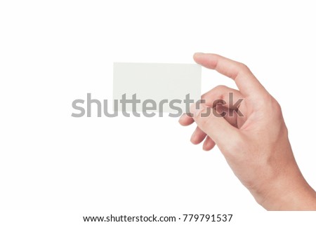 male hand holding  blank business card on white backgrounds