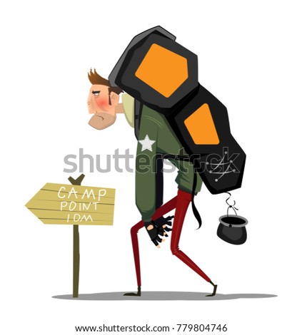 Tired cartoon man with backpack going to camp point. Travel lifestyle. Hiking hard concept adventure. Vector