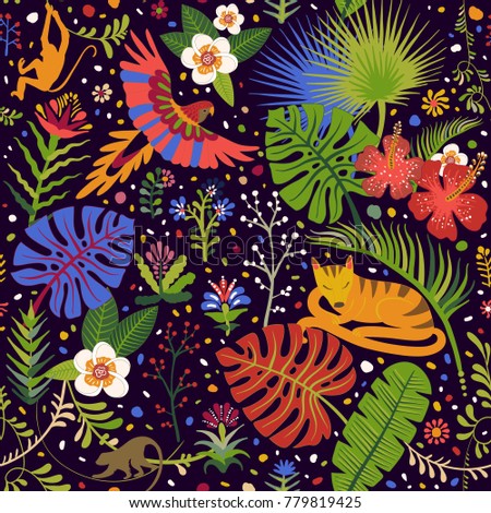 Vector bright seamless pattern with tropical plants, flowers and animals. Colorful wallpaper for textile, cover, wrapping paper, web