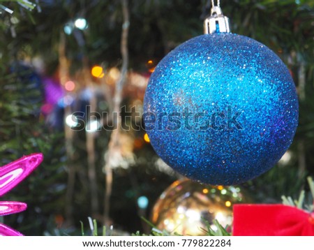 Christmas atmosphere, Christmas Decoration is blue ball. Blur Background 