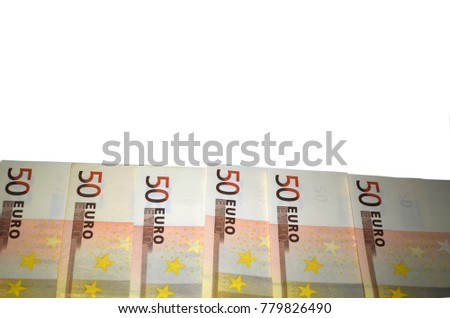 Photo of half  fifty euro bills at the botton with free space for your tex on white background. Money and financial concept. currency exchange