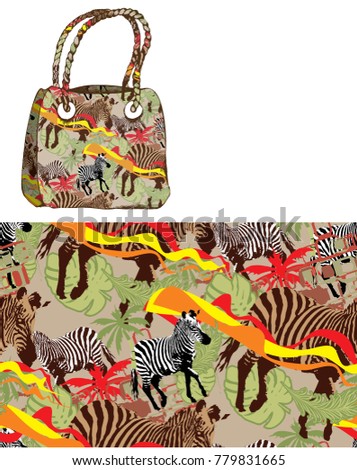 Seamless pattern with zebra - Summer beach bag design. Summer textile collection.  Also can be used in design t-shirts, textiles, household items.