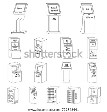 Variety of terminals outline icons in set collection for design. ATM and trading device vector symbol stock web illustration.