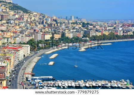 Italy, Naples, view of via Caracciolo and port of Mergellina, from via Orazio. Royalty-Free Stock Photo #779879275