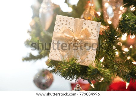 Close-up on gift box on the Christmas tree for Christmas and New Year Concept