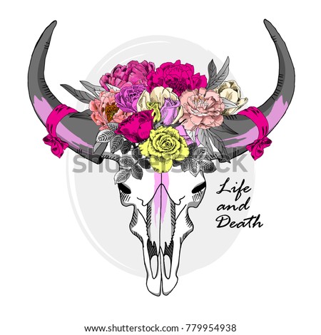 Vector animal skull with wreath of flowers. life and death. 3