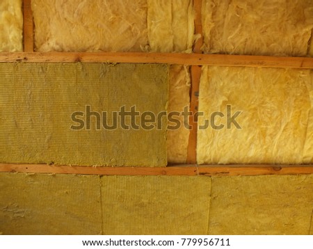 Glass wool insulation. Rock wool. Roof thermal sistem Royalty-Free Stock Photo #779956711