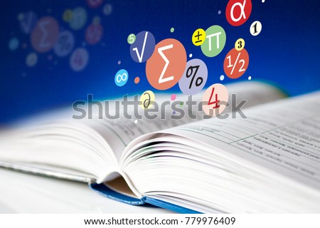open book with pages - literature and education - mathematics textbook and math symbols