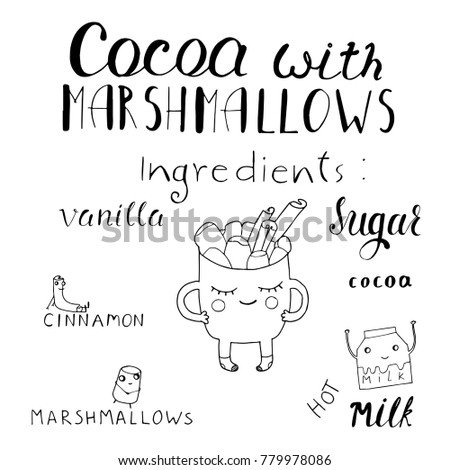 Vector cartoon illustration with soft hot drink Cocoa with marshmallow. Hand drawn cup with non alcoholic beverage and doodle ingredients and spices. Recipe card with isolated objects on white