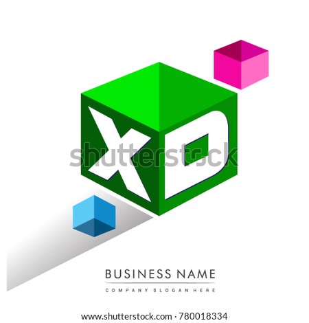 Letter XD logo in hexagon shape and green background, cube logo with letter design for company identity.
