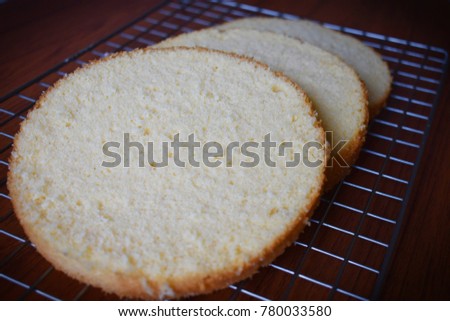 

Sponge Cake Layers,Sponge cake, shortcakes on baking grid, text space, selective focus, close up.