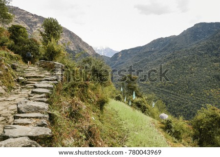 Stone trekking path in Himalaya mountains, Nepal.