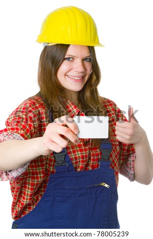 Young friendly craftswoman with business card  isolated on white background