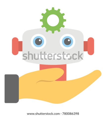 A person hand and robot showing flat icon of robot technology services